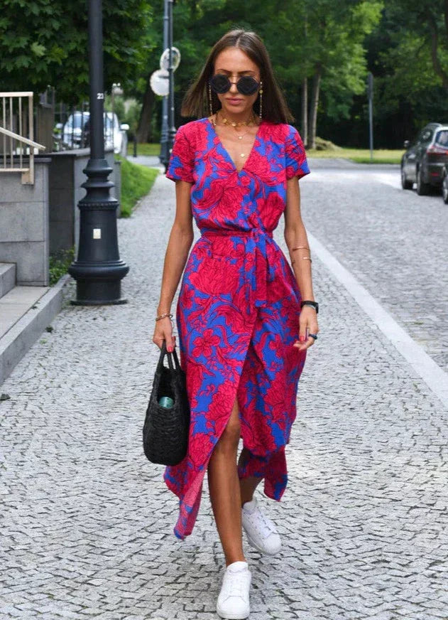 Isadora | Robe Midi d'Été à Col V et Manches Courtes pour femmes