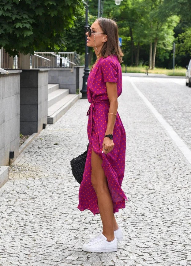 Isadora | Robe Midi d'Été à Col V et Manches Courtes pour femmes