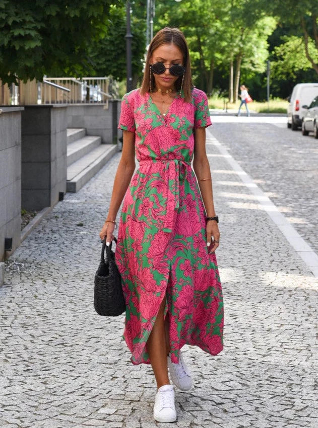 Isadora | Robe Midi d'Été à Col V et Manches Courtes pour femmes