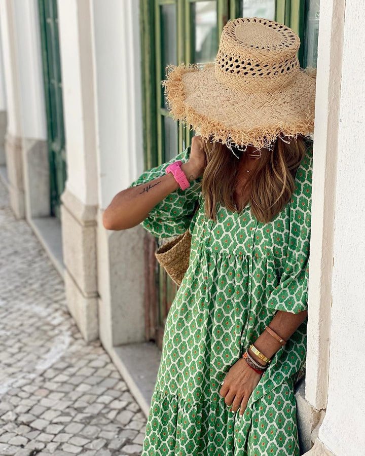 Robe Longue Bohème | Imprimé Géométrique & Tissu Fluide