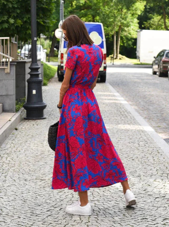 Isadora | Robe Midi d'Été à Col V et Manches Courtes pour femmes
