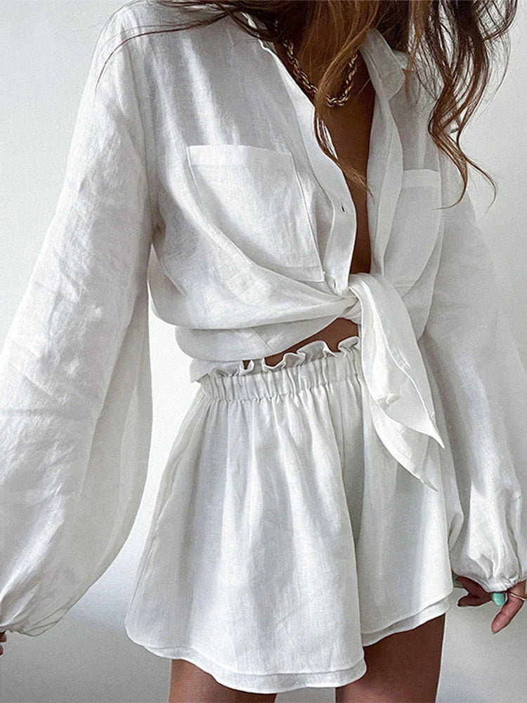 Vibrancia | Ensemble Deux Pièces Chemise Nouée Manches Longues Short Taille Haute Fluide Chic Été Pour Femme