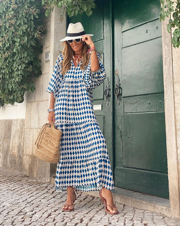 Robe Longue Bohème | Imprimé Géométrique & Tissu Fluide