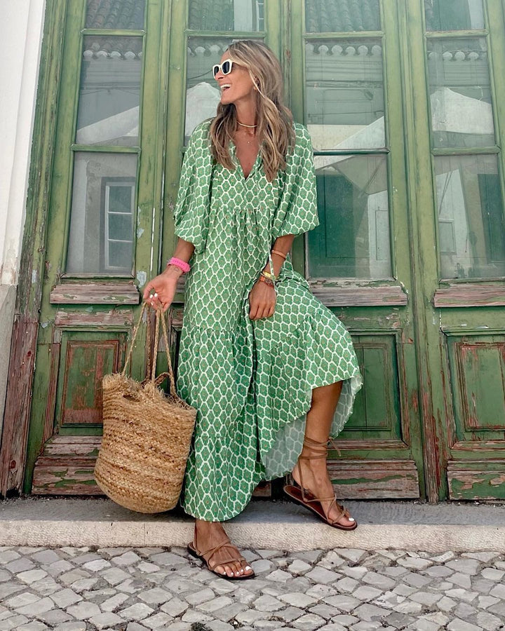 Robe Longue Bohème | Imprimé Géométrique & Tissu Fluide