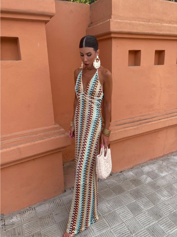 Tribal & Sensuelle – Robe Longue Dos Nu Sable d’Été