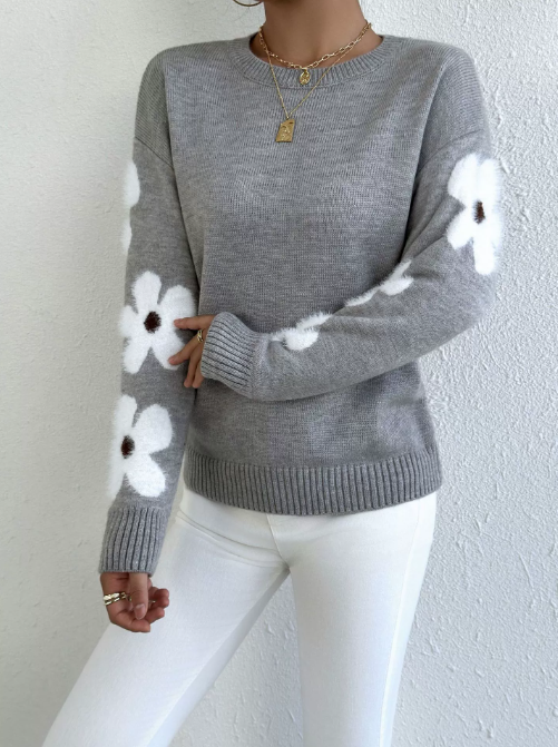 Pull tricoté à fleurs pour femme – Gris ou Bleu – Tailles S à XL