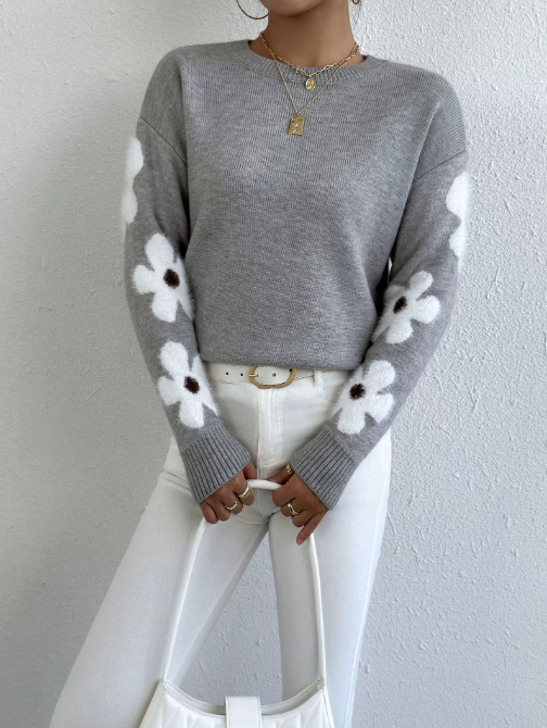 Pull tricoté à fleurs pour femme – Gris ou Bleu – Tailles S à XL