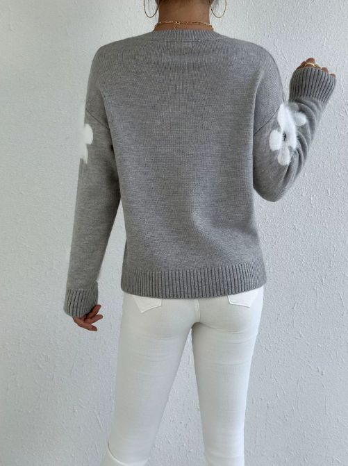 Pull tricoté à fleurs pour femme – Gris ou Bleu – Tailles S à XL