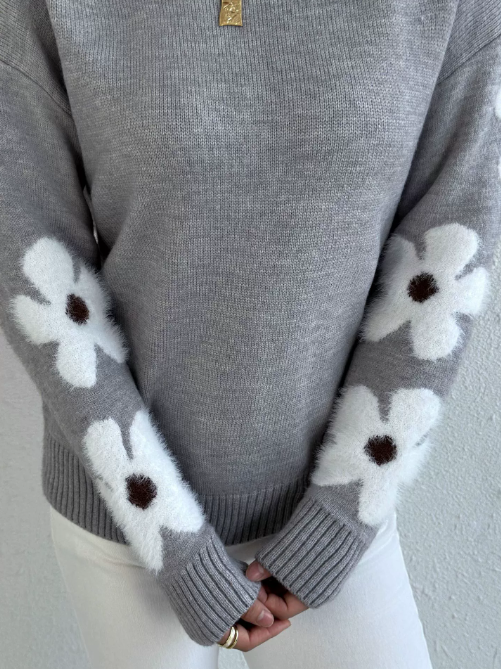 Pull tricoté à fleurs pour femme – Gris ou Bleu – Tailles S à XL
