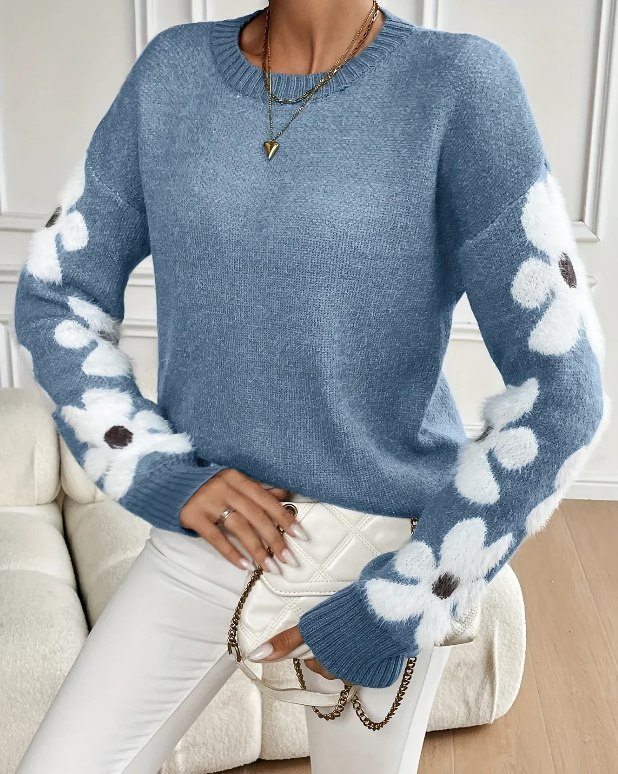 Pull tricoté à fleurs pour femme – Gris ou Bleu – Tailles S à XL