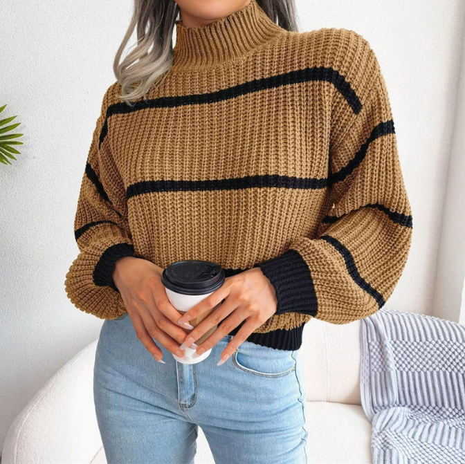 Pull femme col montant en maille douce – blanc, kaki, vert foncé – du S au XL
