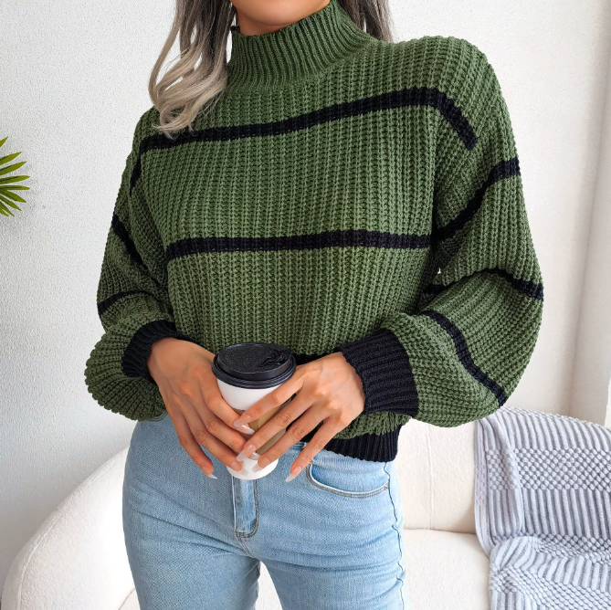 Pull femme col montant en maille douce – blanc, kaki, vert foncé – du S au XL