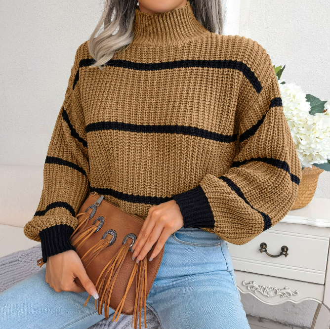 Pull femme col montant en maille douce – blanc, kaki, vert foncé – du S au XL