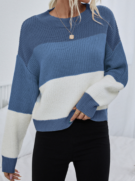 Pull femme rayé manches longues oversize en tricot doux – camel ou bleu et blanc cassé