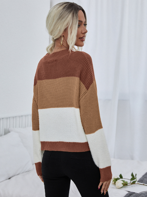 Pull femme rayé manches longues oversize en tricot doux – camel ou bleu et blanc cassé