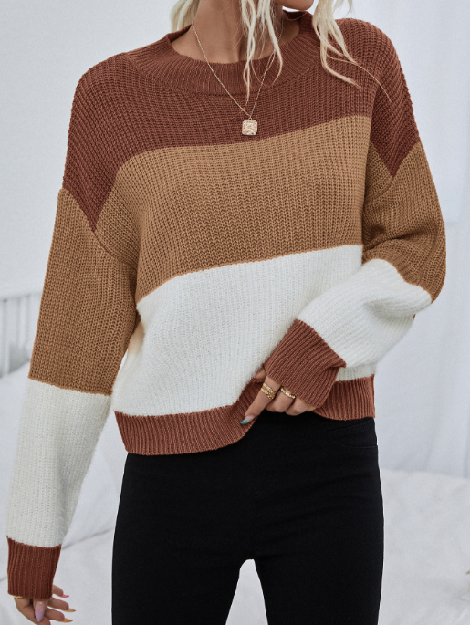 Pull femme rayé manches longues oversize en tricot doux – camel ou bleu et blanc cassé