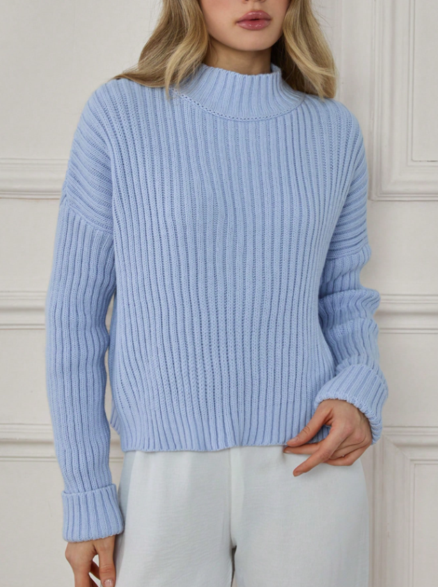 Pull femme en tricot doux – Col mi-haut – Bleu – Automne/Hiver
