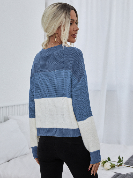 Pull femme rayé manches longues oversize en tricot doux – camel ou bleu et blanc cassé