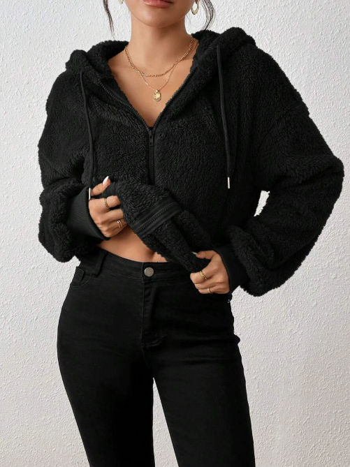 Veste Cardigan À Capuche Zippée En Peluche Pour Femmes – Couche Chaude Automne/Hiver