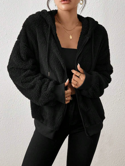 Veste Cardigan À Capuche Zippée En Peluche Pour Femmes – Couche Chaude Automne/Hiver