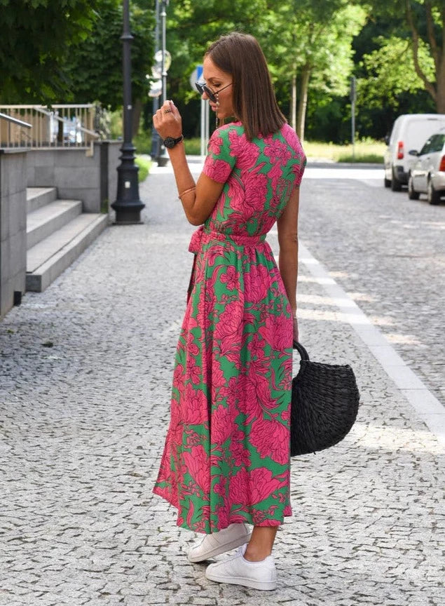 Isadora | Robe Midi d'Été à Col V et Manches Courtes pour femmes