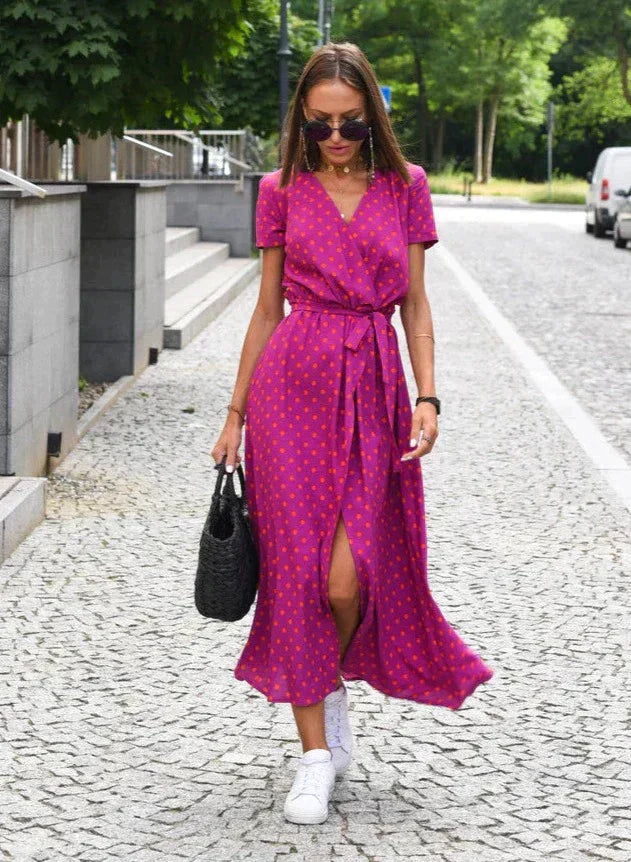 Isadora | Robe Midi d'Été à Col V et Manches Courtes pour femmes