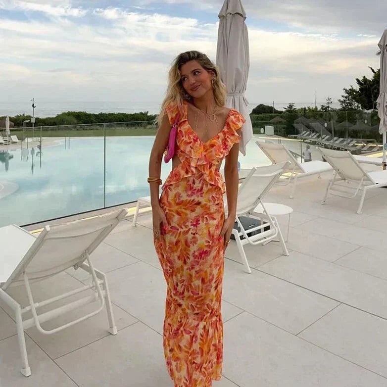 Bonnita | Robe maxi à imprimé floral et volants pour femmes