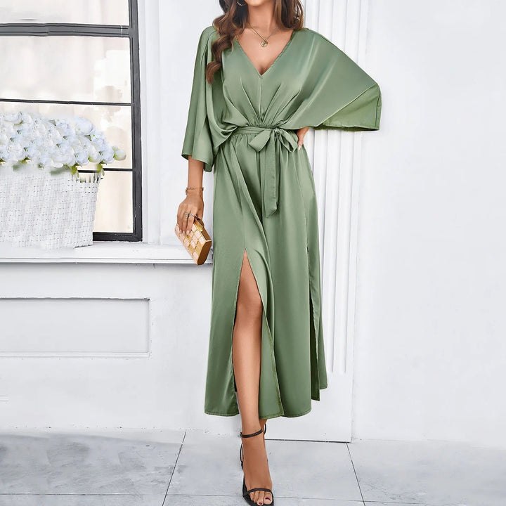 Aure | Robe midi à col en V avec fente pour femmes