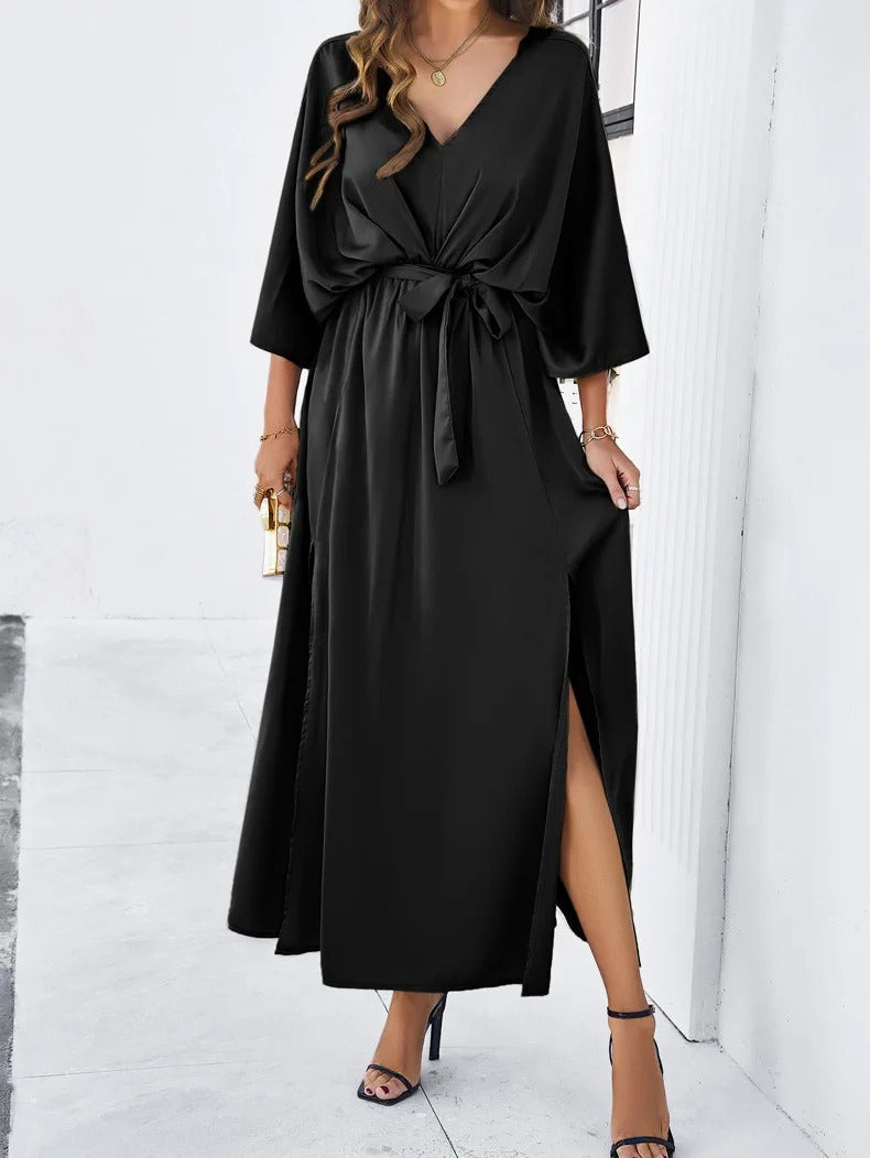 Aure | Robe midi à col en V avec fente pour femmes