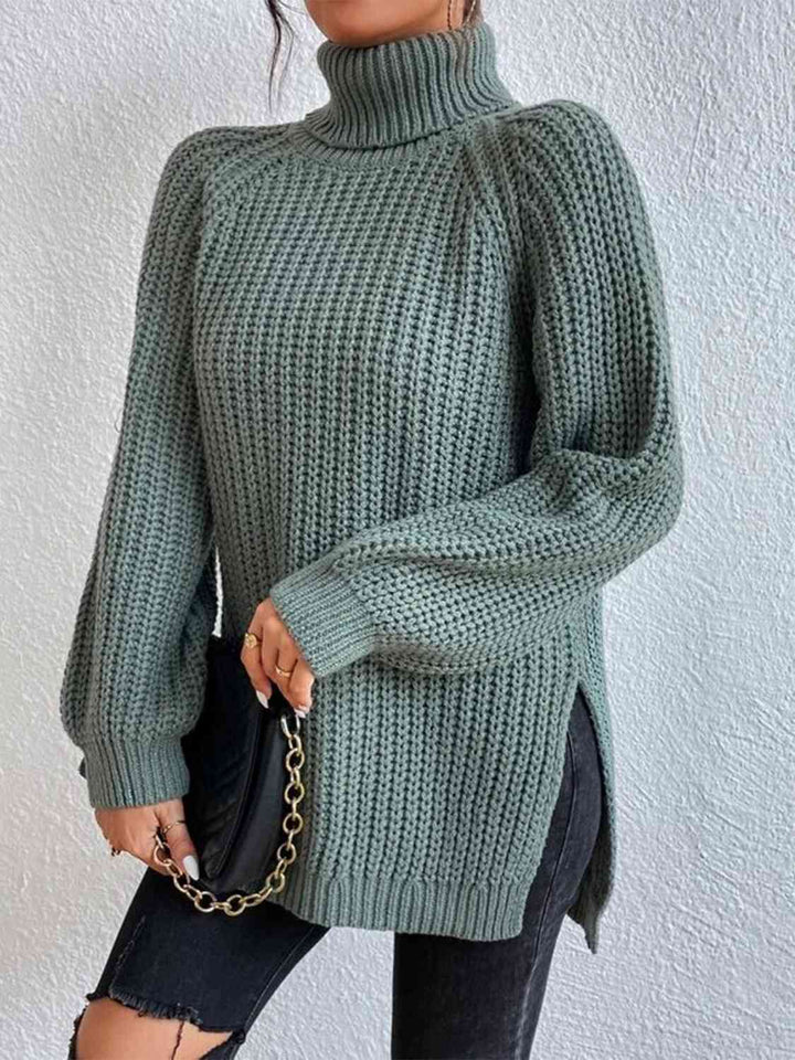 Pull Fendu À Col Roulé En Maille Côtelée Pour Femmes – Tricot Chic Automne/Hiver