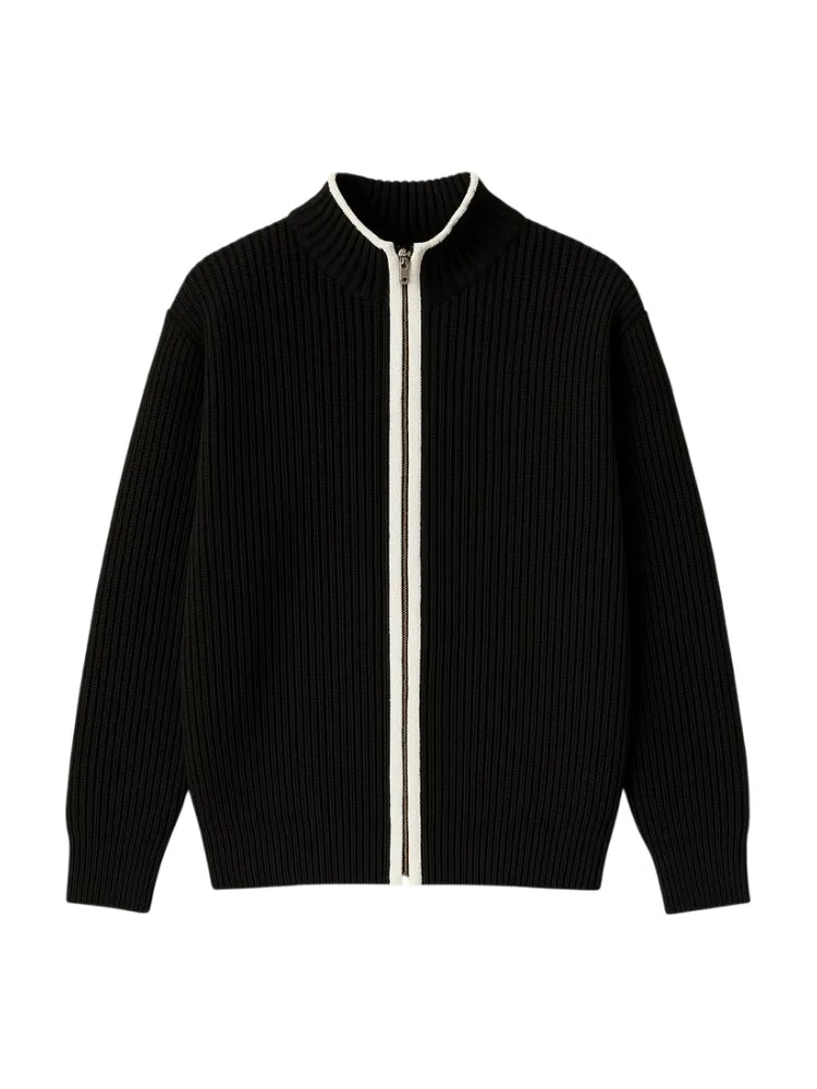 Cardigan Noir Zippé Contrasté – Noir