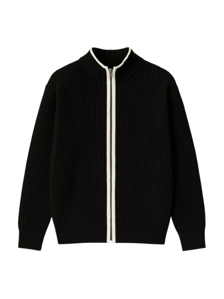 Cardigan Noir Zippé Contrasté – Noir