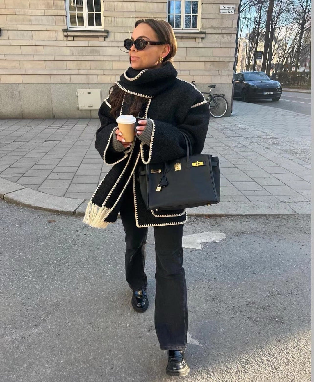 Manteau chic à bords contrastés – Noir-Blanc