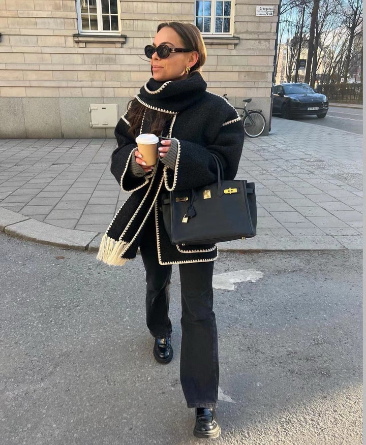 Manteau chic à bords contrastés – Noir-Blanc