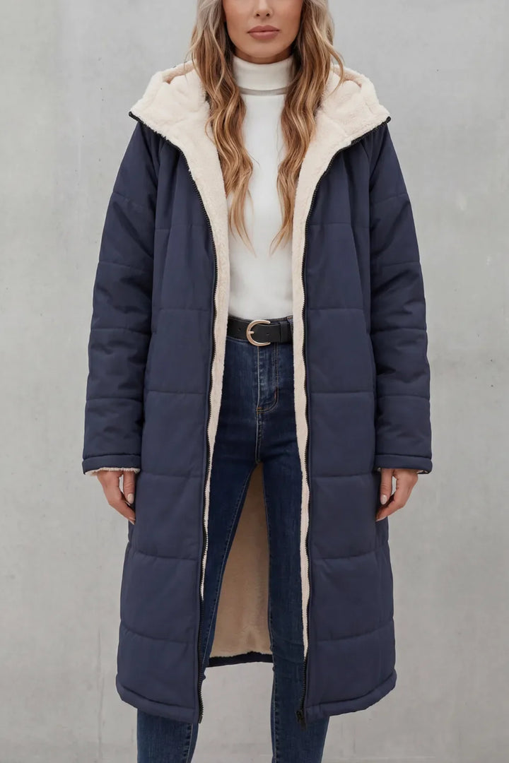 Manteau Long et Chaud à Capuche – Bleu Foncé