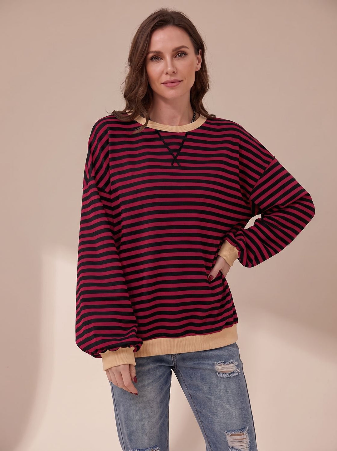 Sweat Ample à Rayures Rétro – Bordeaux
