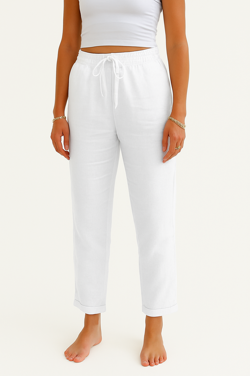 Lysora | Pantalon Droit Taille Haute Lien Ajustable Lin Léger Casual Été Pour Femme