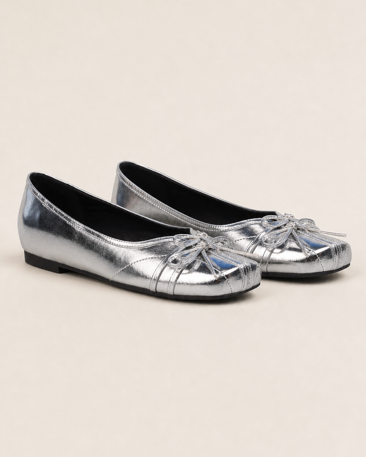 Ballerines Plissées avec Nœud – Argenté