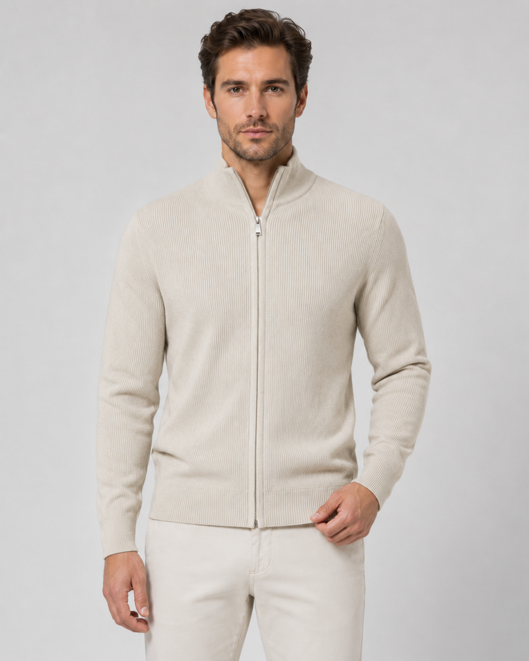 Cardigan Zippé à Col Montant – Beige