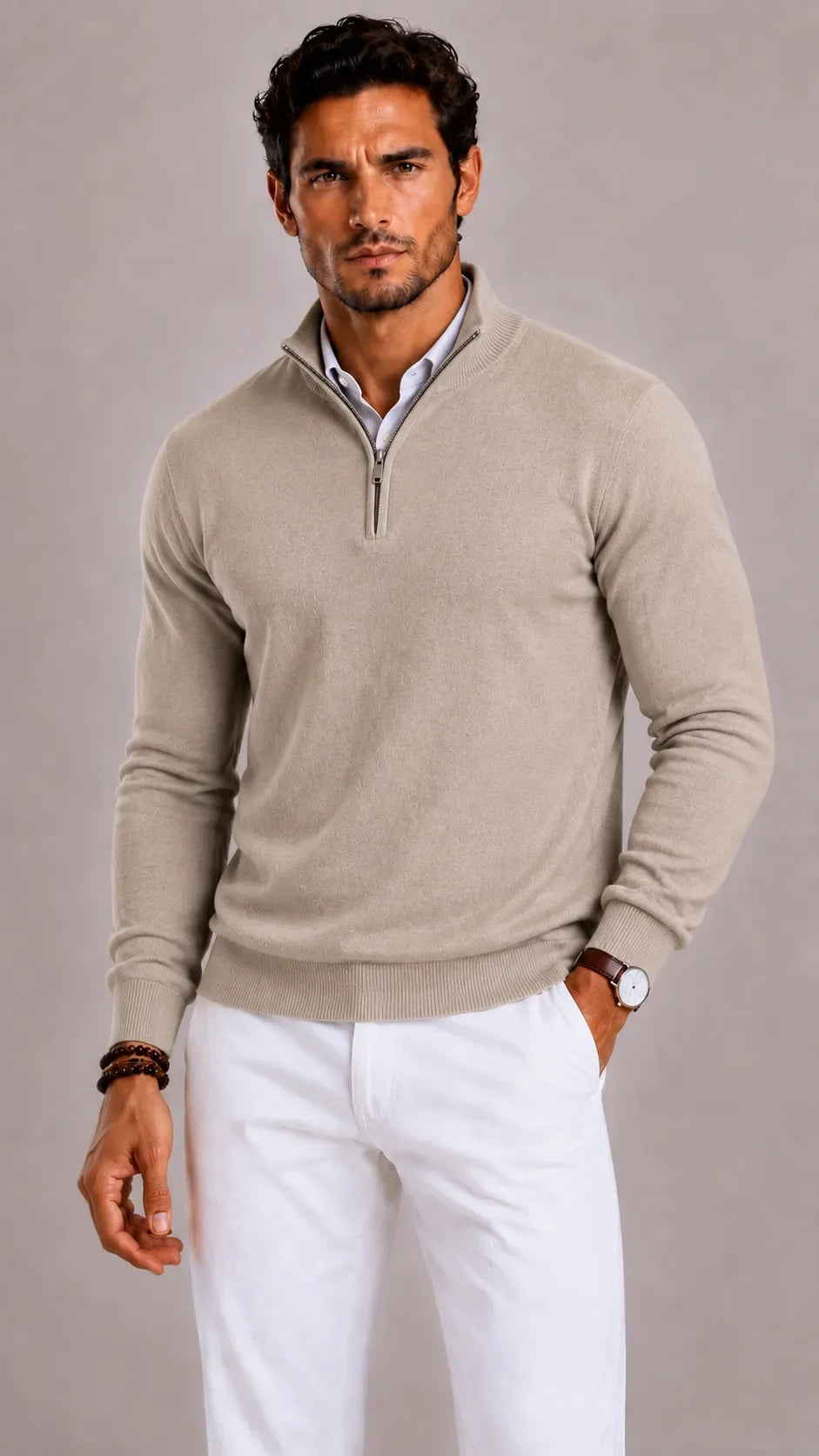 Pull Droit à Col Montant Zippé – Beige
