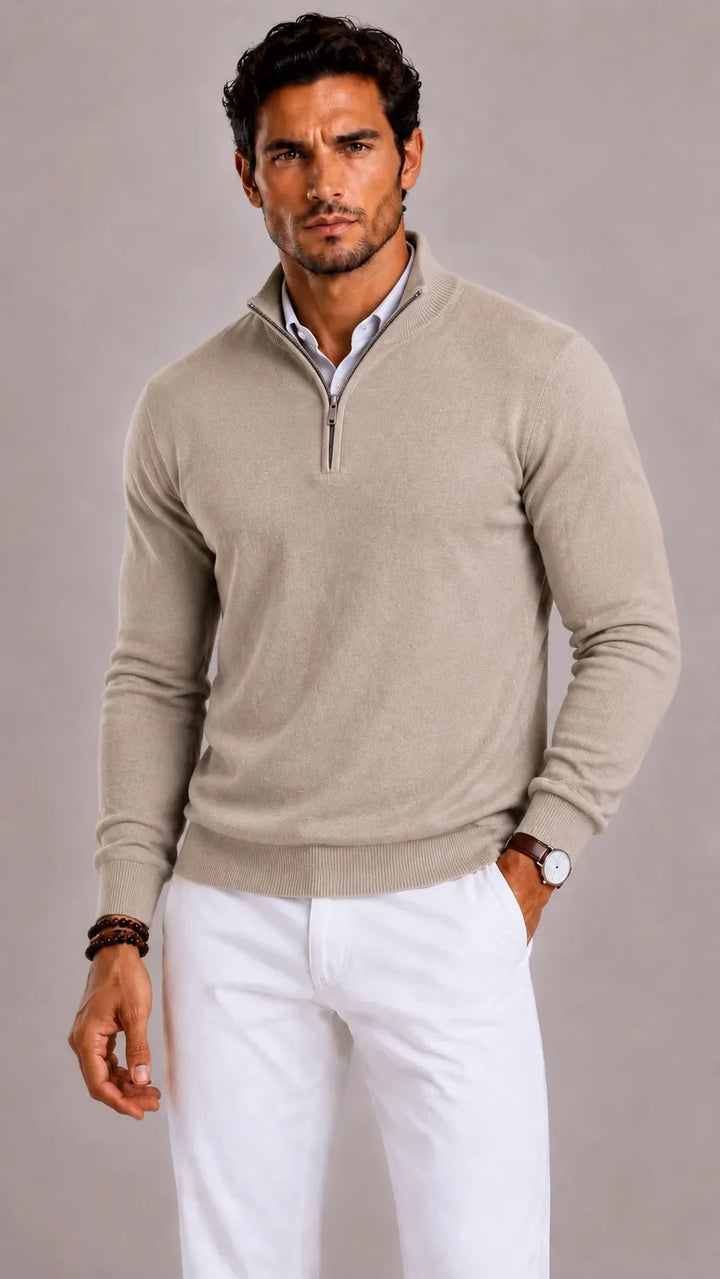 Pull Droit à Col Montant Zippé – Beige
