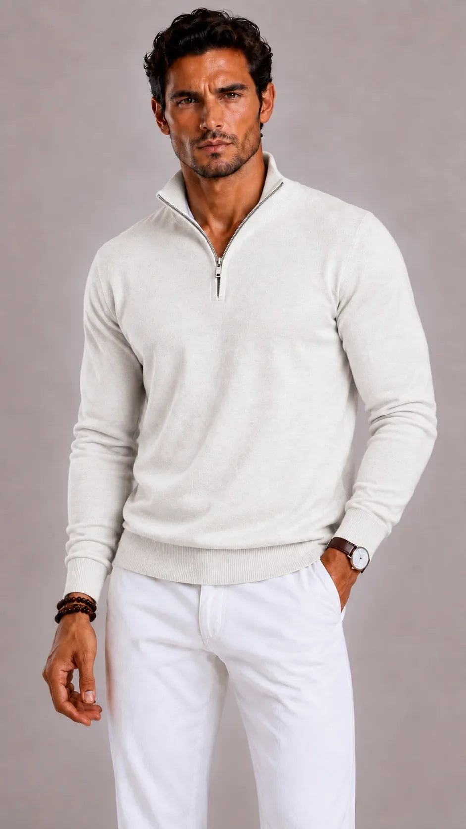 Pull Droit à Col Montant Zippé – Blanc