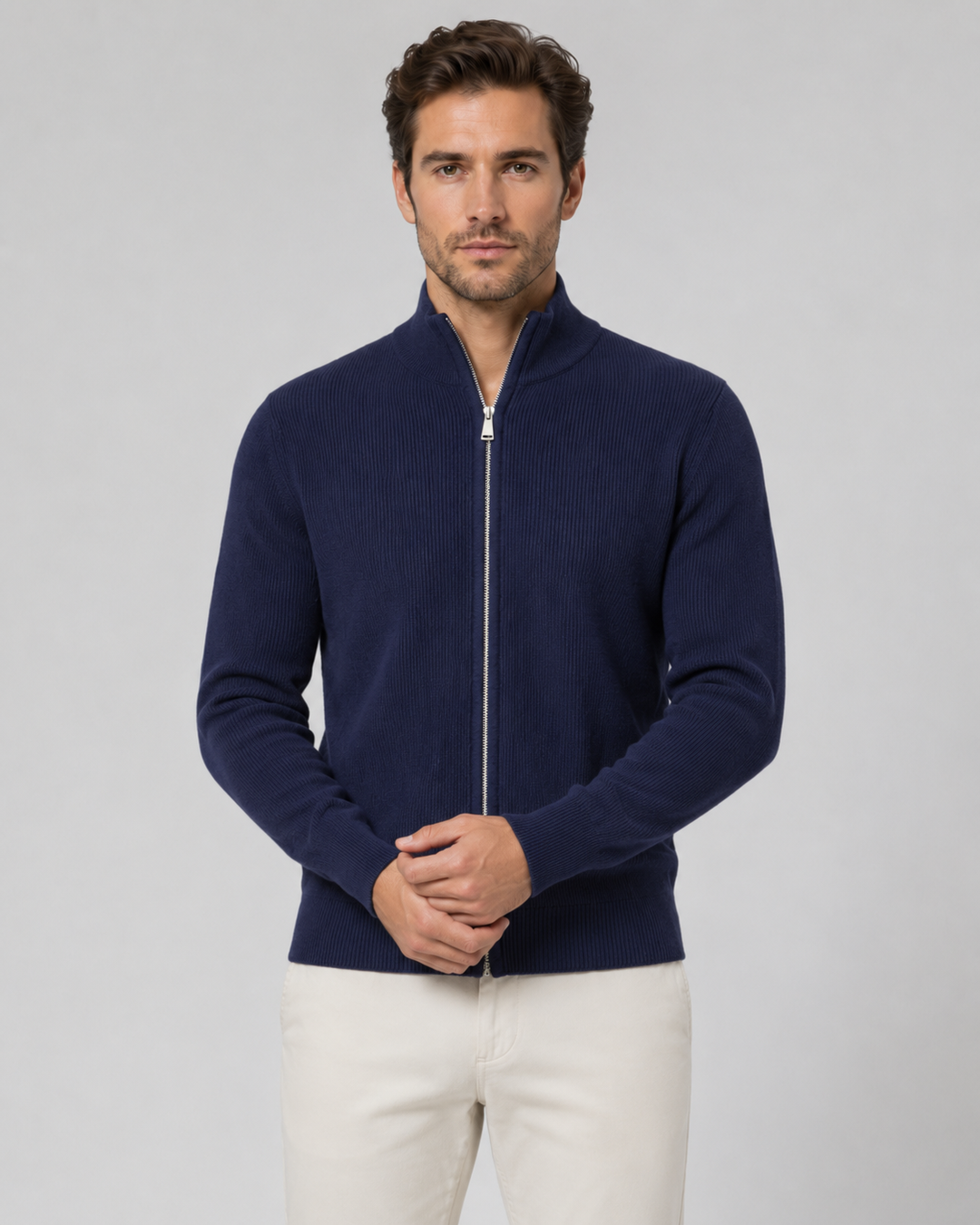 Cardigan Zippé à Col Montant – Bleu Marine