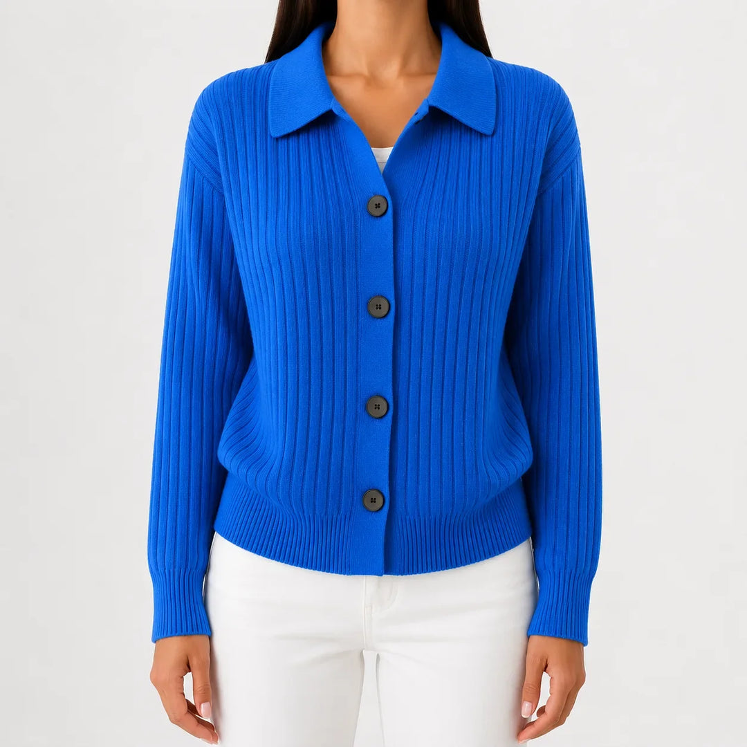 Cardigan Élégant à Col Polo – Bleu Océan