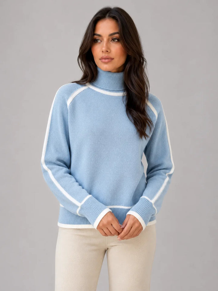Pull Col Roulé à Bandes Contrastées – Bleu Clair