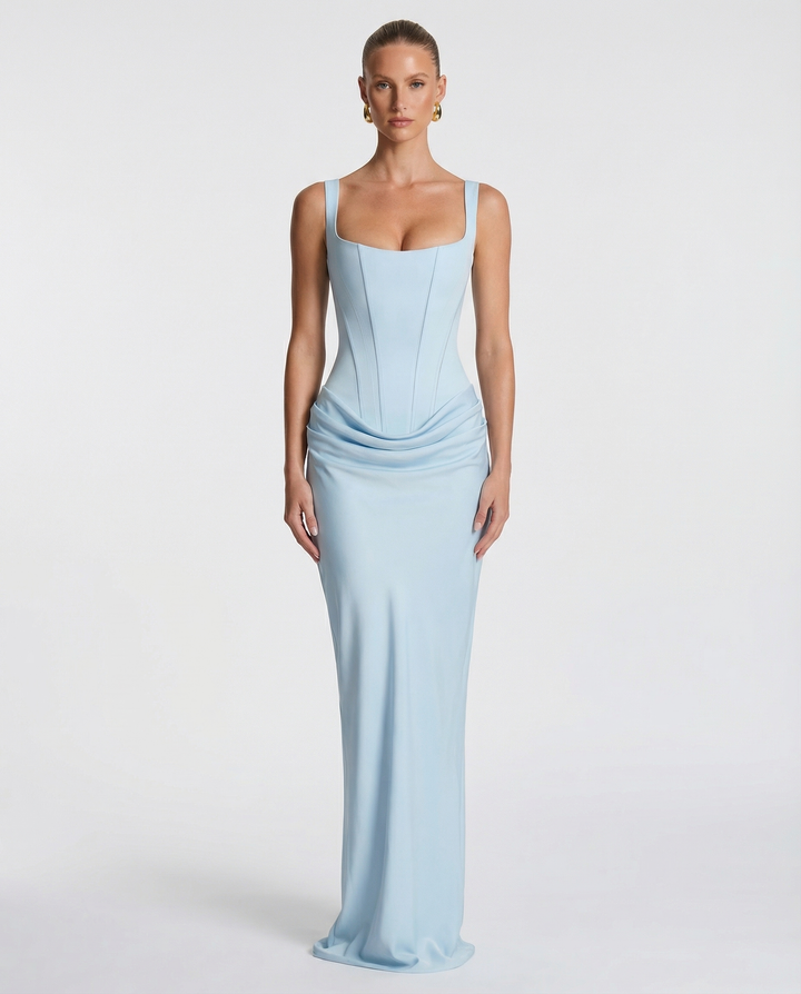 Robe Longue Buste Corset – Bleu Clair