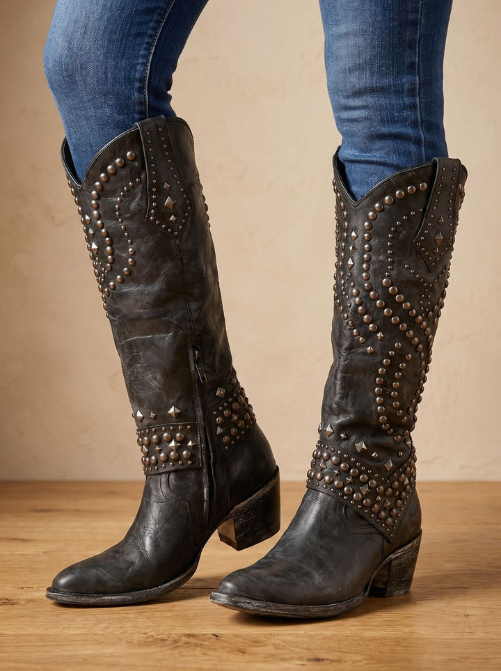Bottes Hautes Ornées de Clous – Noir