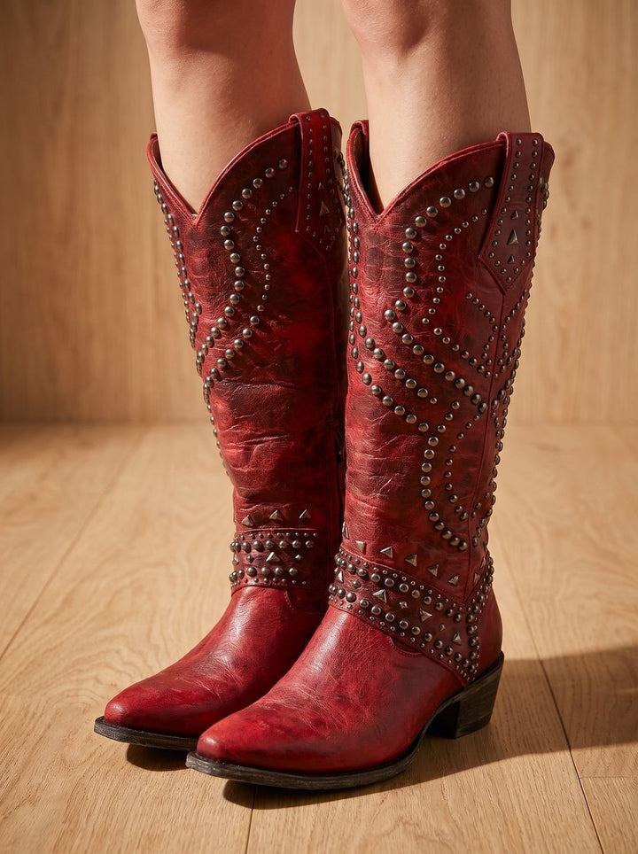 Bottes Hautes Ornées de Clous – Rouge