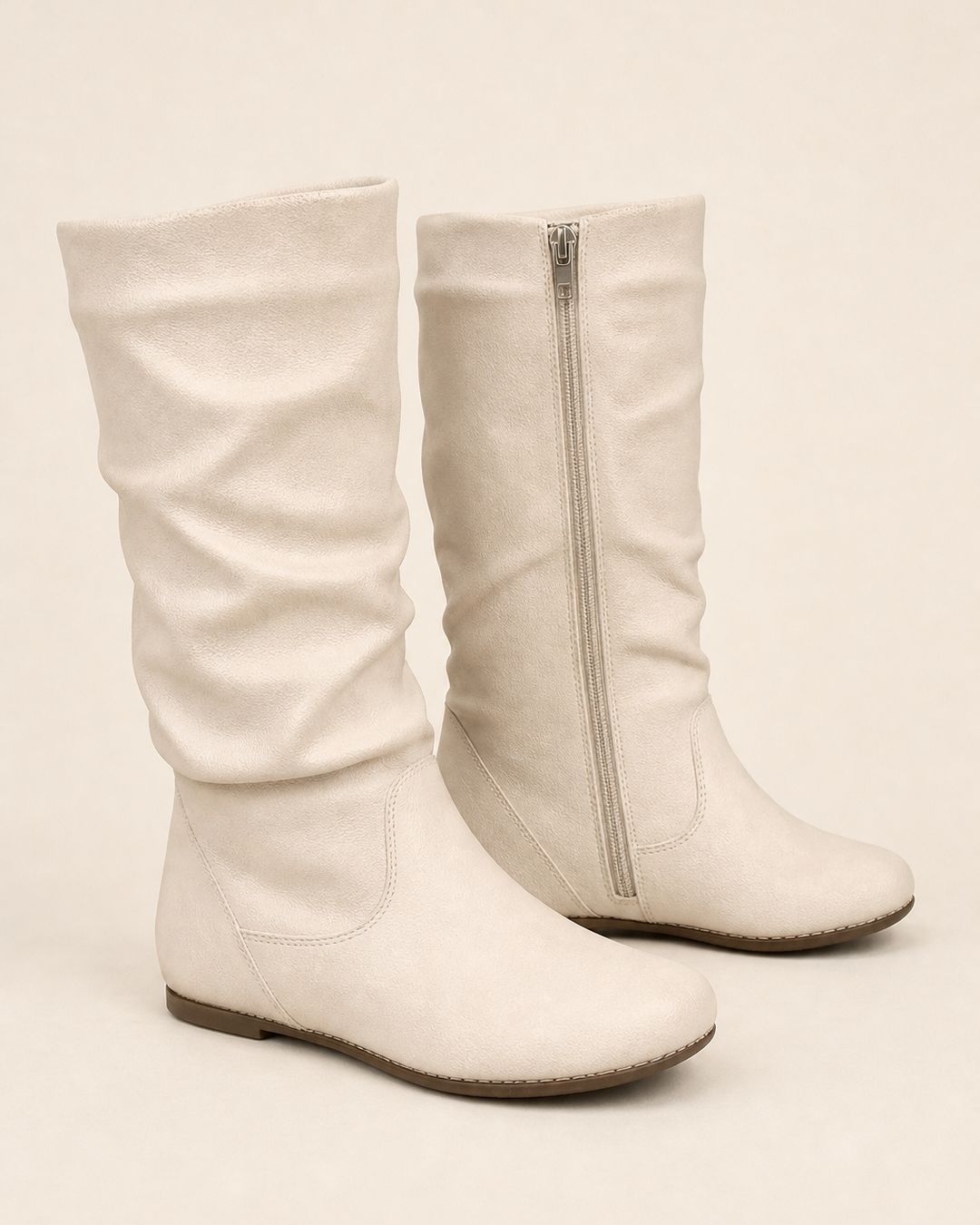 Bottes Mi-Mollet Plissées – Blanc Cassé