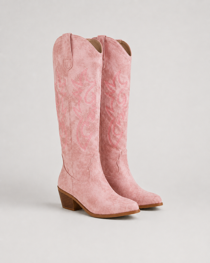 Bottes Western Hautes Brodées – Rose